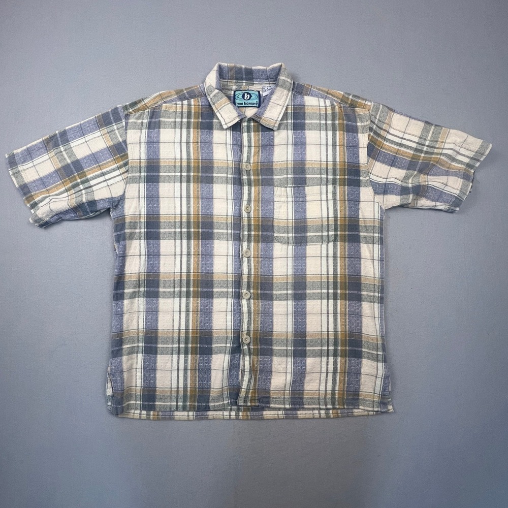 Bon Homme Button Down Shirt Mens M Blue Tan Plaid Cotton Short Sleeve Casual 90s